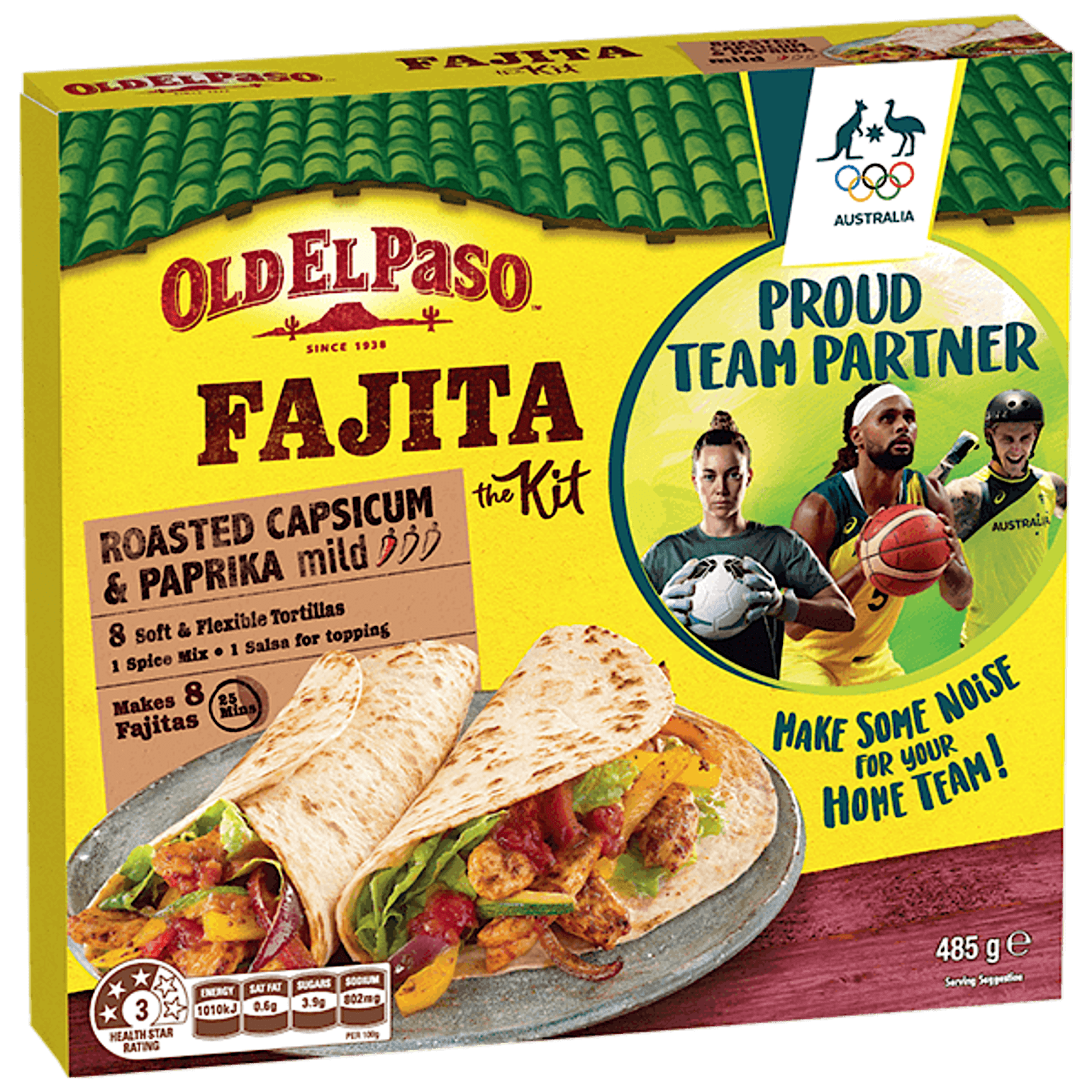 a pack of Old El Paso's roasted capsicum & paprika mild fajita kit containing tortillas, spice mix & salsa for topping (485g)
